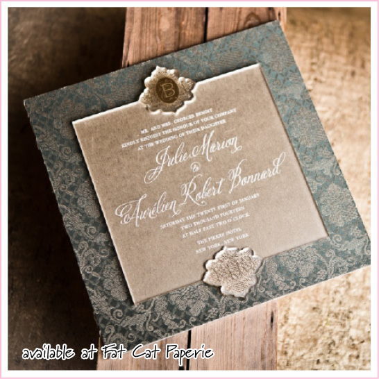 Versailles by Twig & Fig, lasercut lucite invitation with silk fabric