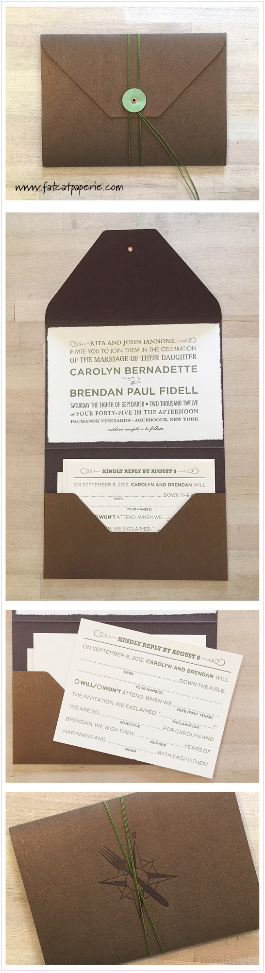 In the Spotlight: Winery Weddings | Carolyn + Brendan, Custom Invitation, Spark Pocket with String and Button, Woodgrain texture, green 
