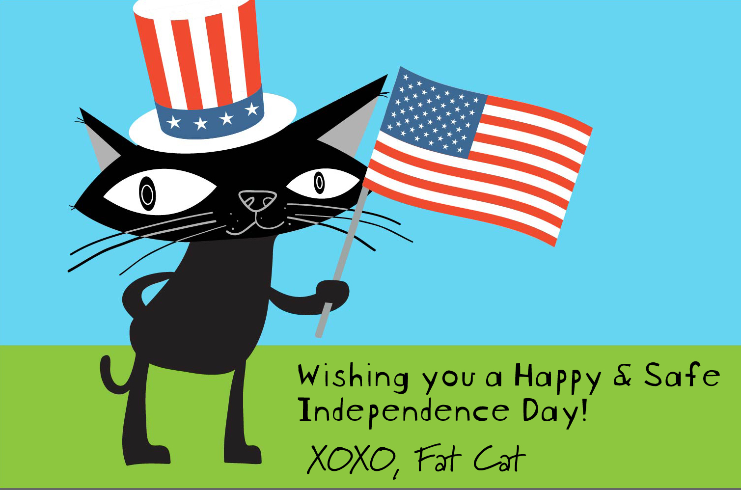 Happy Independence Day | Fat Cat with American Flag and Fireworks