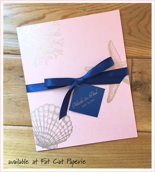 Nicole + Paul | Blush and Navy sea themed invitation with ribbon, printed by Arabella