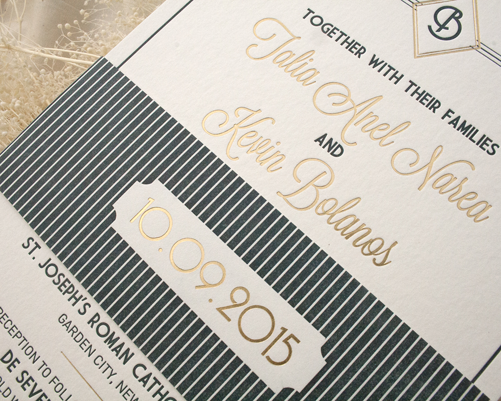 Talia and Kevin by Fat Cat Paperie, Deco Wedding Invitation, Letterpress and Foil