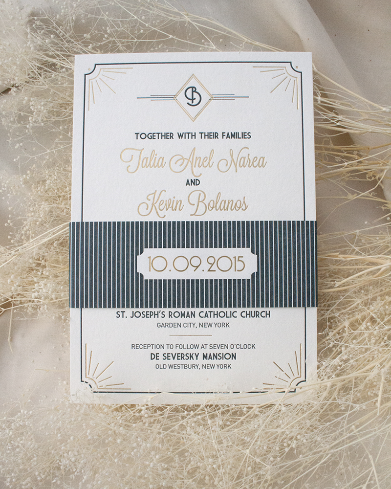 Talia and Kevin by Fat Cat Paperie, Deco Wedding Invitation, Letterpress and Foil