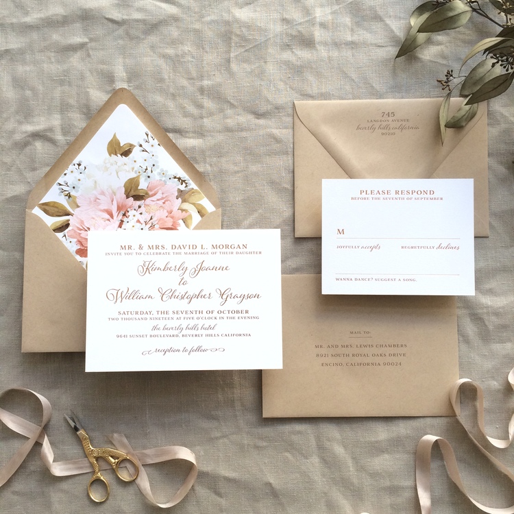 Kimberly by BTElements | Wedding Invitations with Kraft Envelopes and Floral Liner