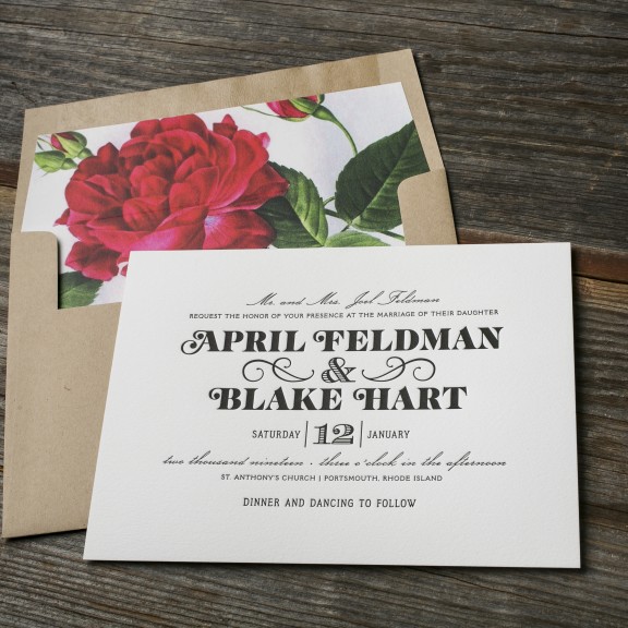Boutonniere by BellaFigura, Letterpress Invitation with Red Floral Liner