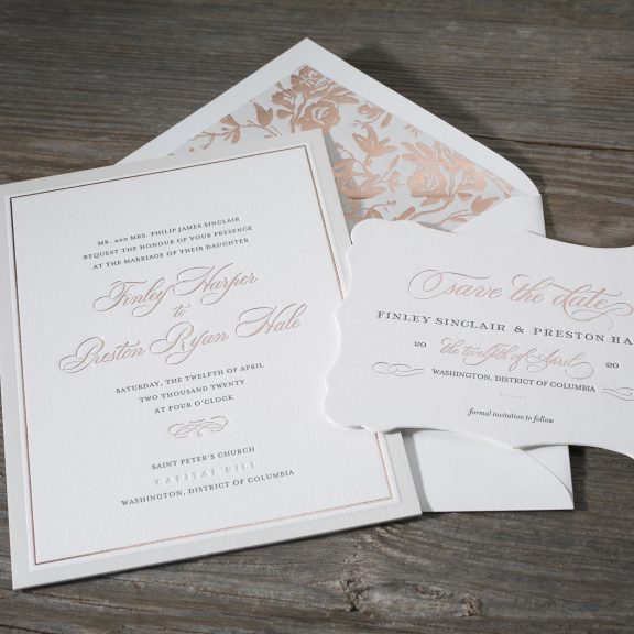 Townsend by BellaFigura, Wedding Invitation with Rose Gold Foil and Floral Envelope Liner
