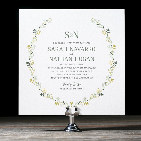 Chaplet by Bella Figura, floral wreath wedding invitation