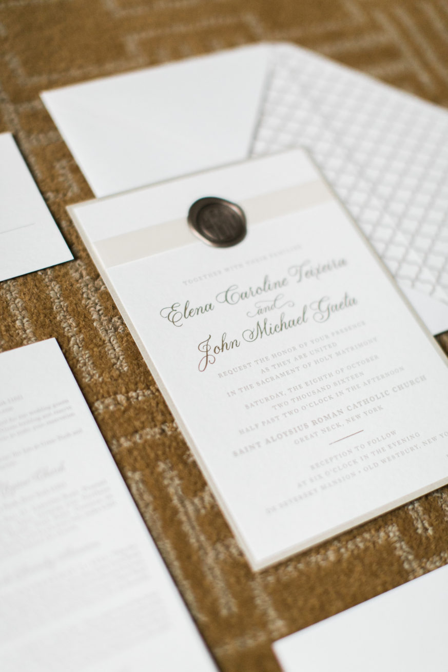 Elena + John Letterpress Wedding Invitation with Ribbon and Wax Seal, Foil details, traditional design in taupe and gold color palette