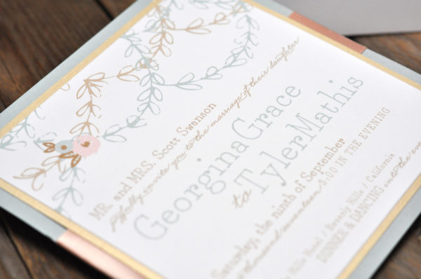 Georgina by BTE, invitation with soft, muted color palette, slate, blush and gold