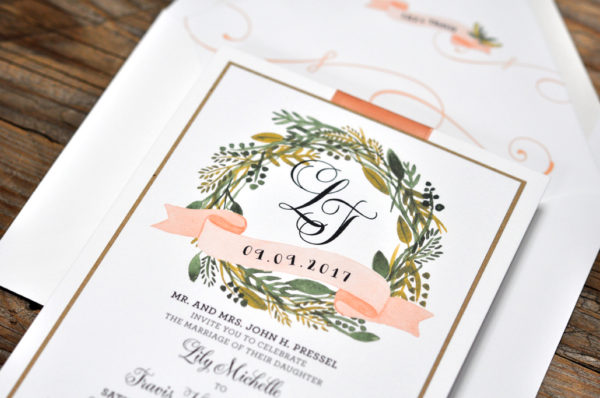 Lily by BTE, Blush invitation with lots of greenery, monogram and ribbon detail