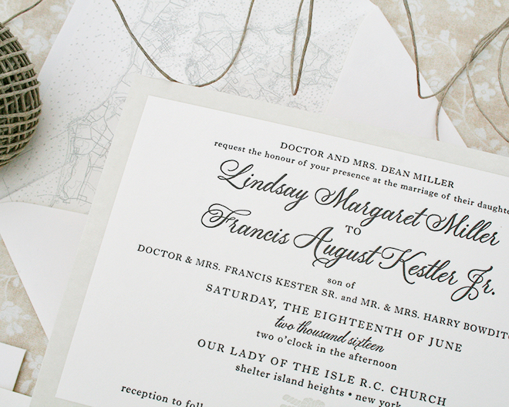 Nautical Letterpress Invitation, Classic black and taupe invitation with nautical map envelope liner and twine