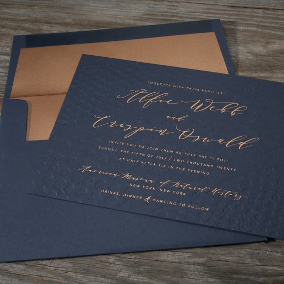 Bella Figura, Garnet, Navy invitation with Copper Shimmer Envelope Liner and Copper Foil