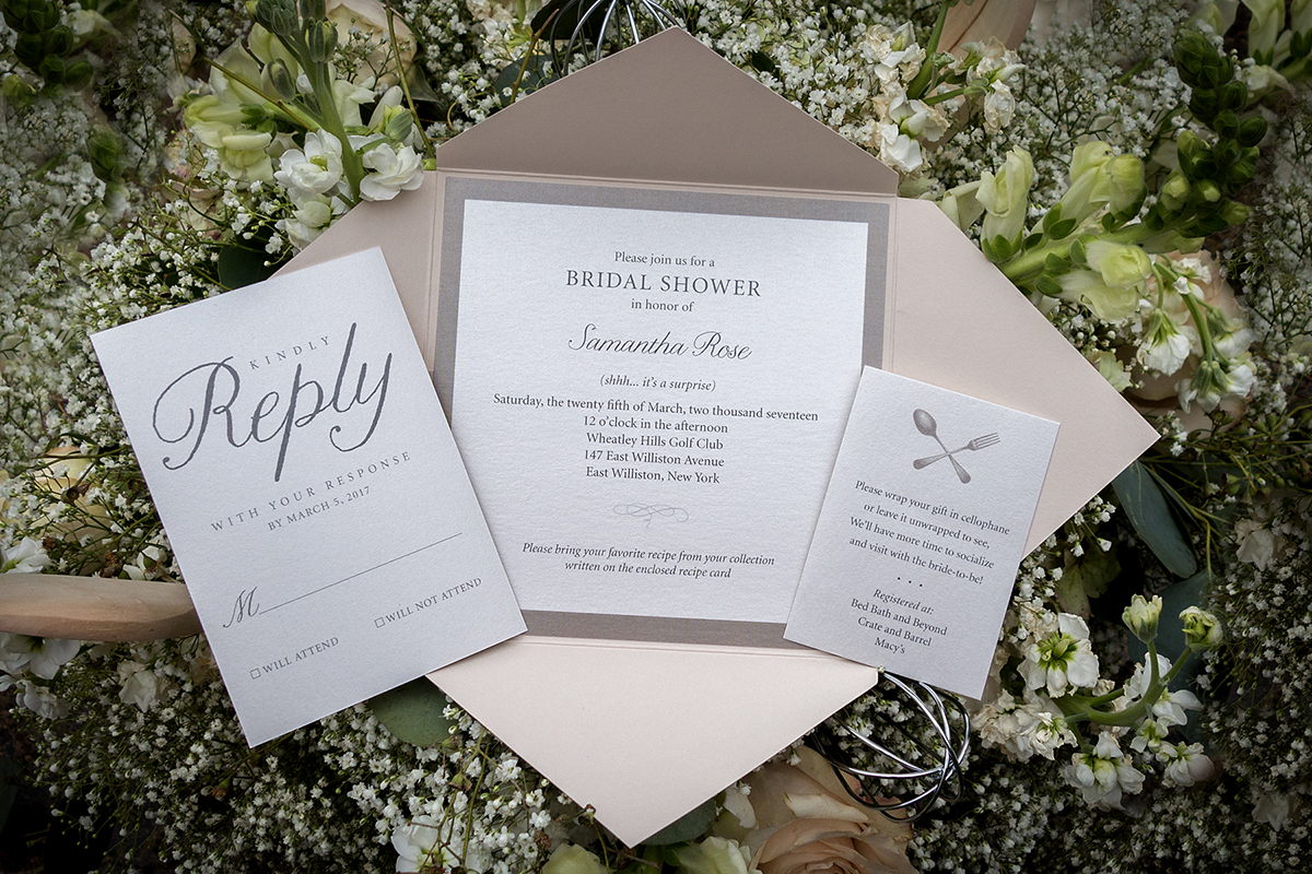 Samantha's Bridal Shower, Invitation, Ribbon Folder, Recipe Card, Champagne, Taupe color palette, shimmer metallic paper