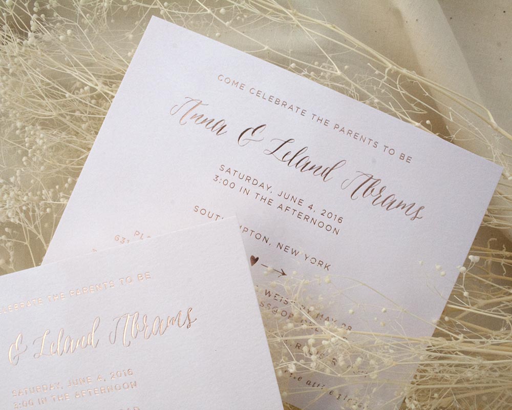 Anna + Leland Baby Shower, Pink watercolor invitation with rose gold foil and whimsical fonts
