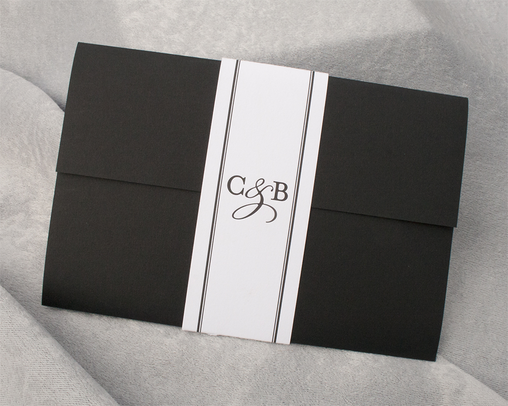 Cory + Brian, Wedding Invitation, Pocket Invitation, Black and White, Letterpress with striped bellyband