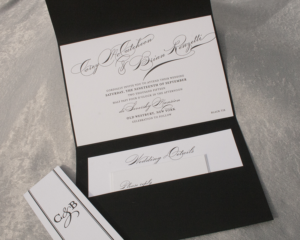 Cory + Brian, Wedding Invitation, Pocket Invitation, Black and White, Letterpress with striped bellyband