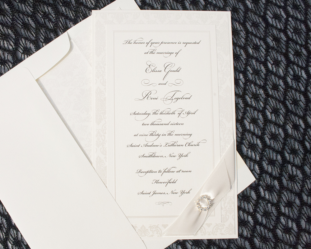 Rhinestone Buckle Wedding Invitation, Ivory and Black color palette with ribbon and damask detail