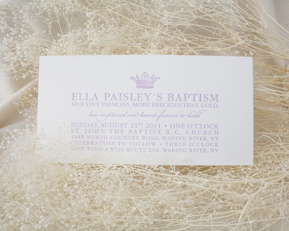 Ella Baptism Invitation, Letterpress, Lavender color palette, crown detail