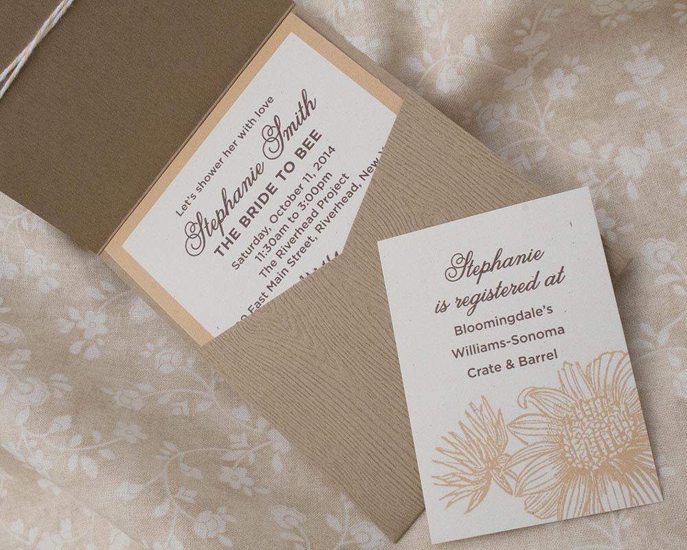 Sunflower Bridal Shower Invitation with Twine and Tag, Rustic style, Woodgrain pocket