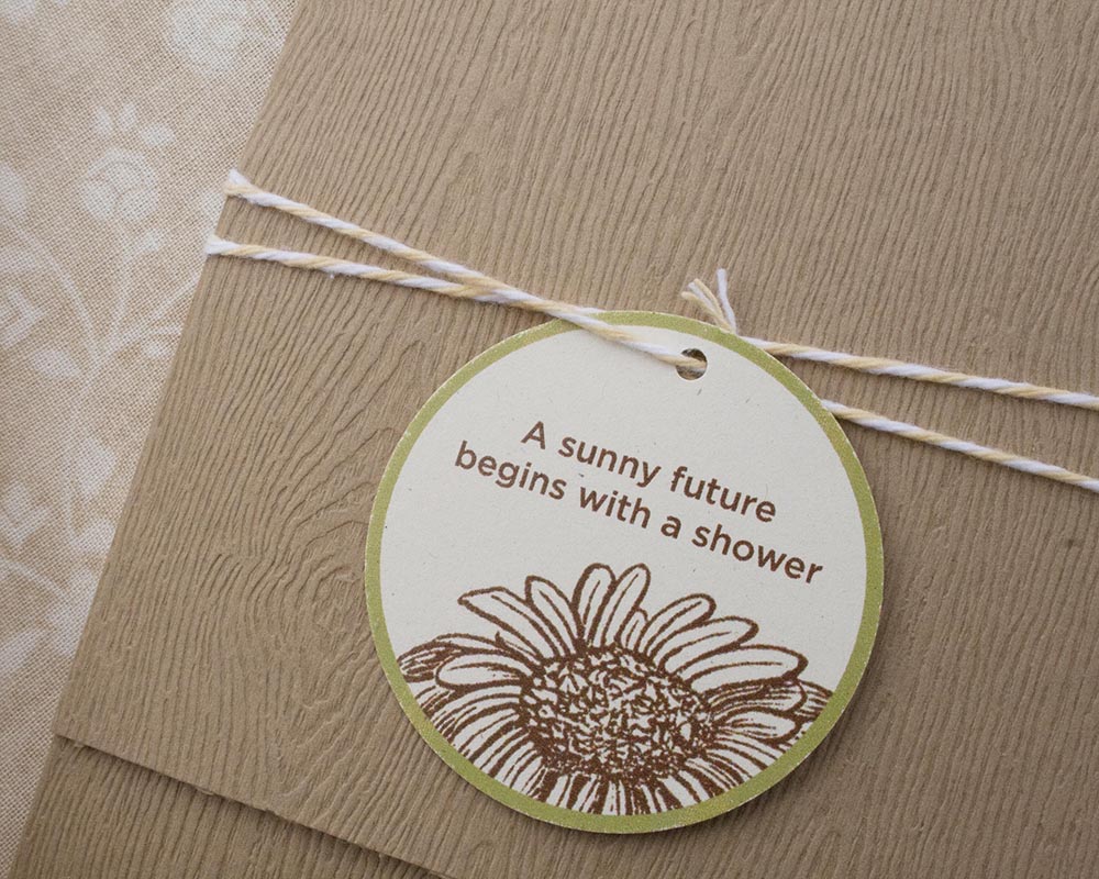 Sunflower Bridal Shower Invitation with Twine and Tag, Rustic style, Woodgrain pocket