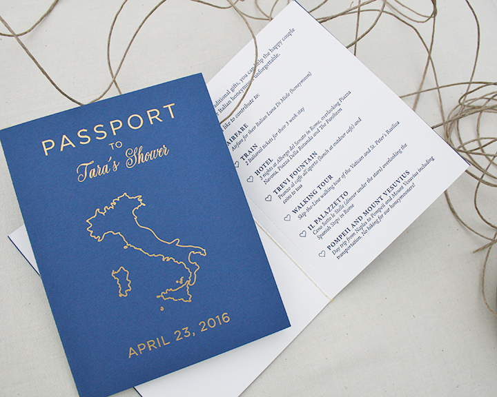 Passport Bridal Shower, Travel Theme, Letterpress and Foil, Navy and Gold