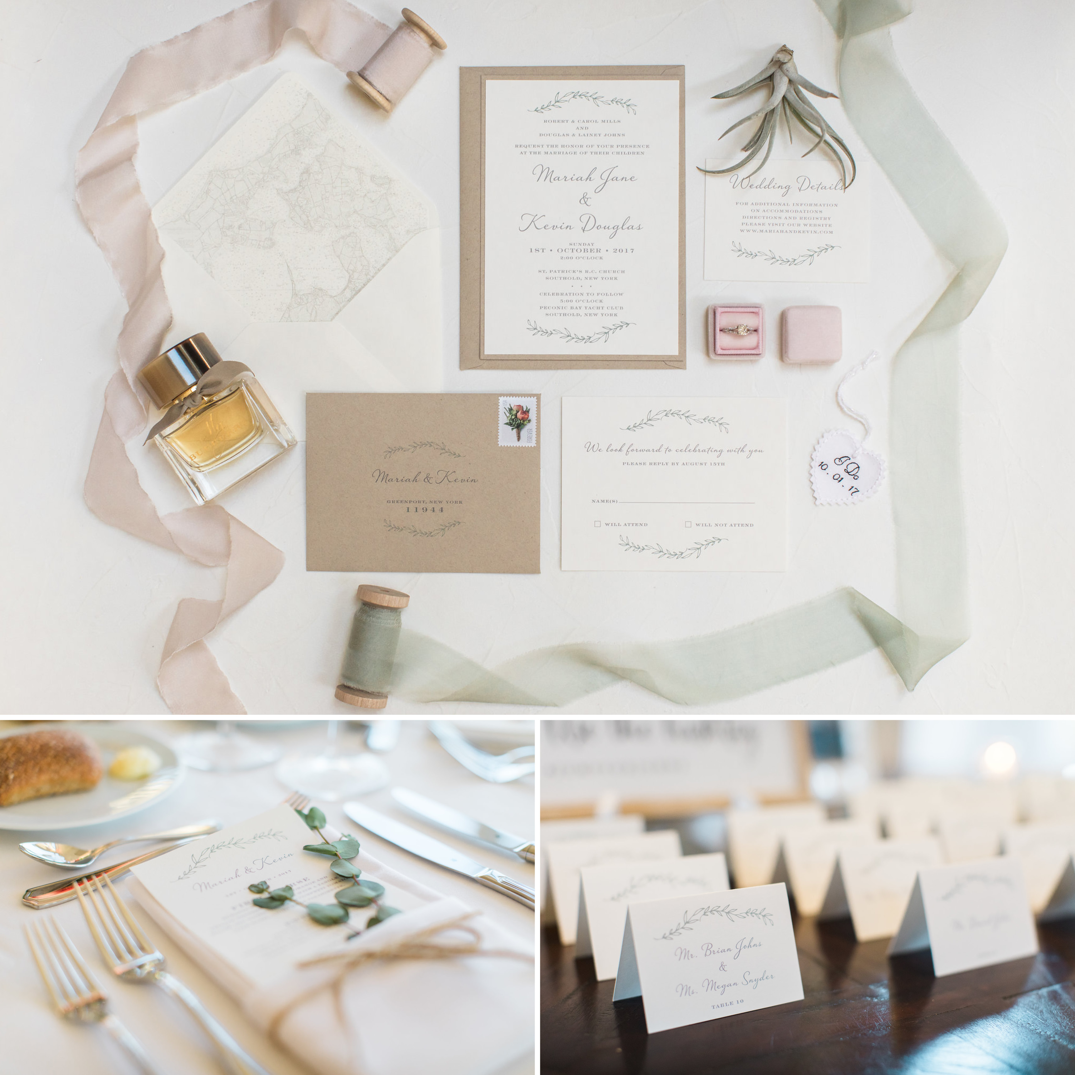 Rustic Wedding Details, Layered kraft paper invitation, rustic wedding menu, escort cards, greenery succulents