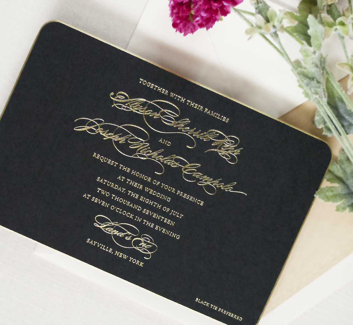 Formal Black and Gold Wedding Invitation, Foil text on black paper, gold gilded edge