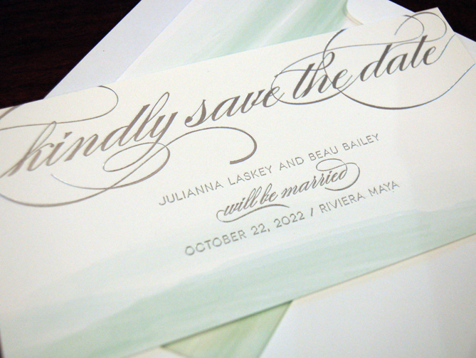 Watercolor save the date with foil accents, teal and silver color palette