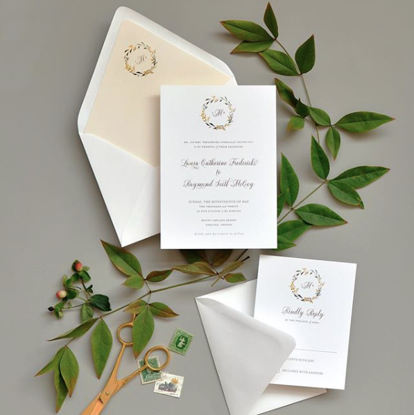 Laurel with monogram wedding invitation, greenery and pale yellow color palette, whimsical