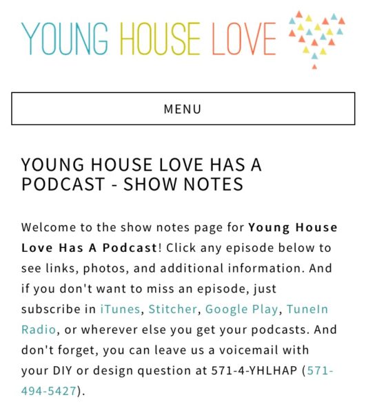 Young House Love has a podcast, screenshot from their website