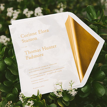 Copper Floral Wedding Invitation with Foil Envelope Liner, Photographed on Greenery, Gray Floral Background