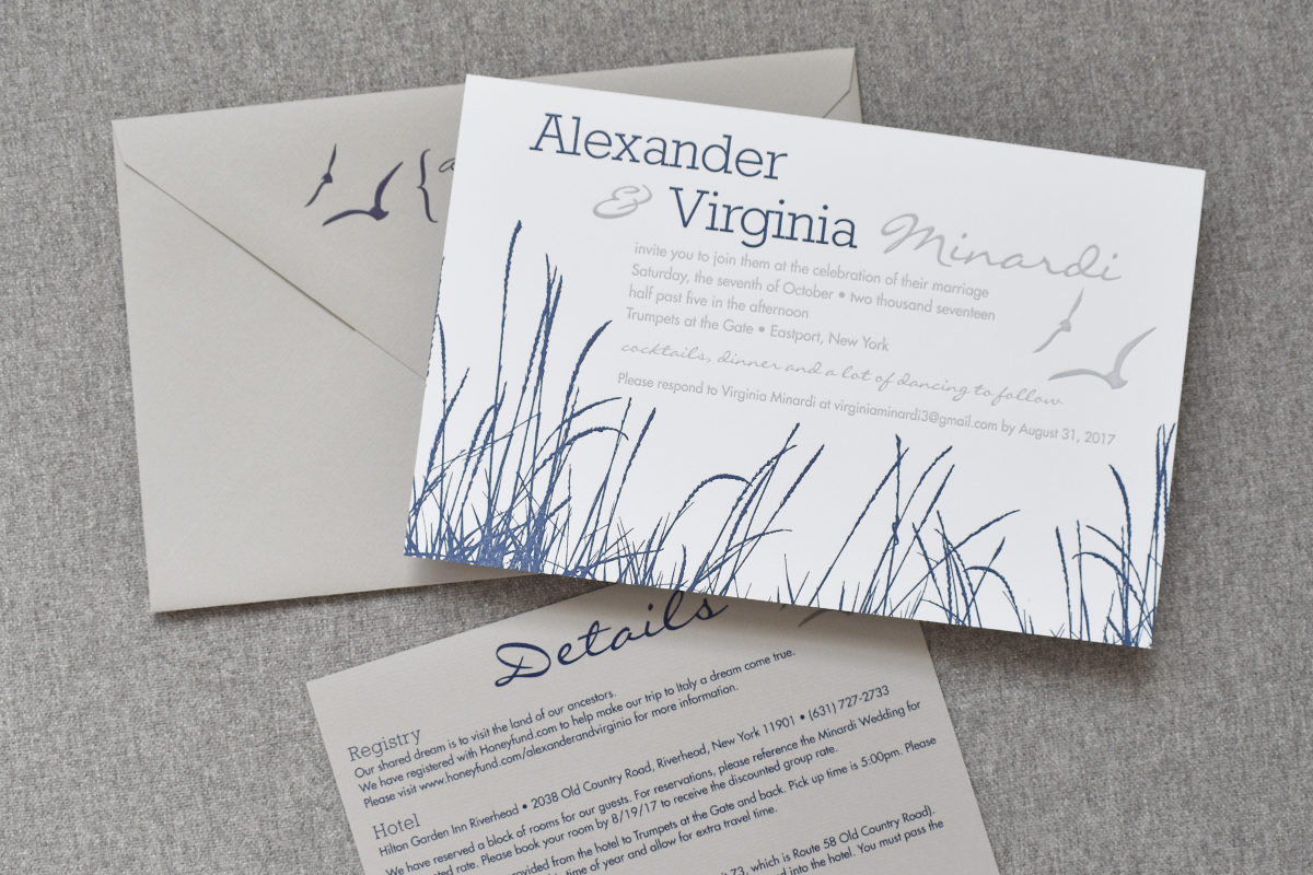 Beach Grass Wedding Invitation, Gray and Navy Letterpress with seagull detail, Whimsical fonts and gray envelope