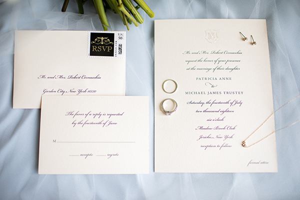Classic Engraved Wedding Invitation, pearlized monogram and traditional typesetting in gray ink