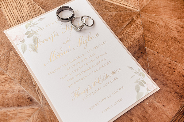 Vintage Pink Rose Wedding Invitation with gold foil typesetting, formal fonts