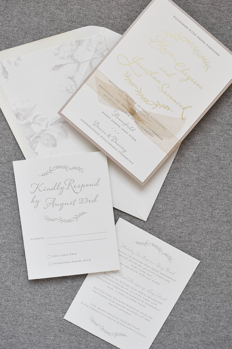 Gold Rustic Wedding Invitation, Gold foil and taupe letterpress palette, leaf details, neutral floral envelope liner