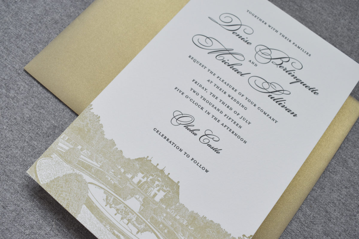 Oheka Castle Wedding Invitation, Gold envelope, letterpress invitation in black and gold on white paper
