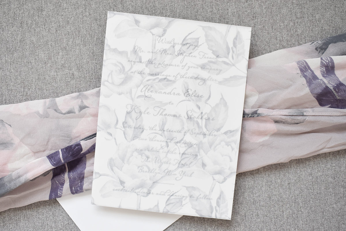 Gray Watercolor Wedding Invitation, Floral pattern on vellum overlay, letterpress printing on invitation, all script typesetting