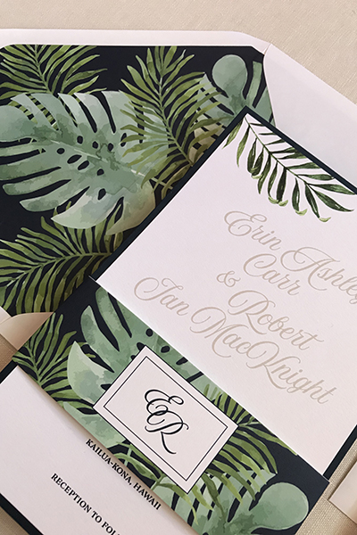 Hawaiian Destination Wedding Invitation, Palm leaves, Monstera Plant, Navy and green color palette, digitally printed