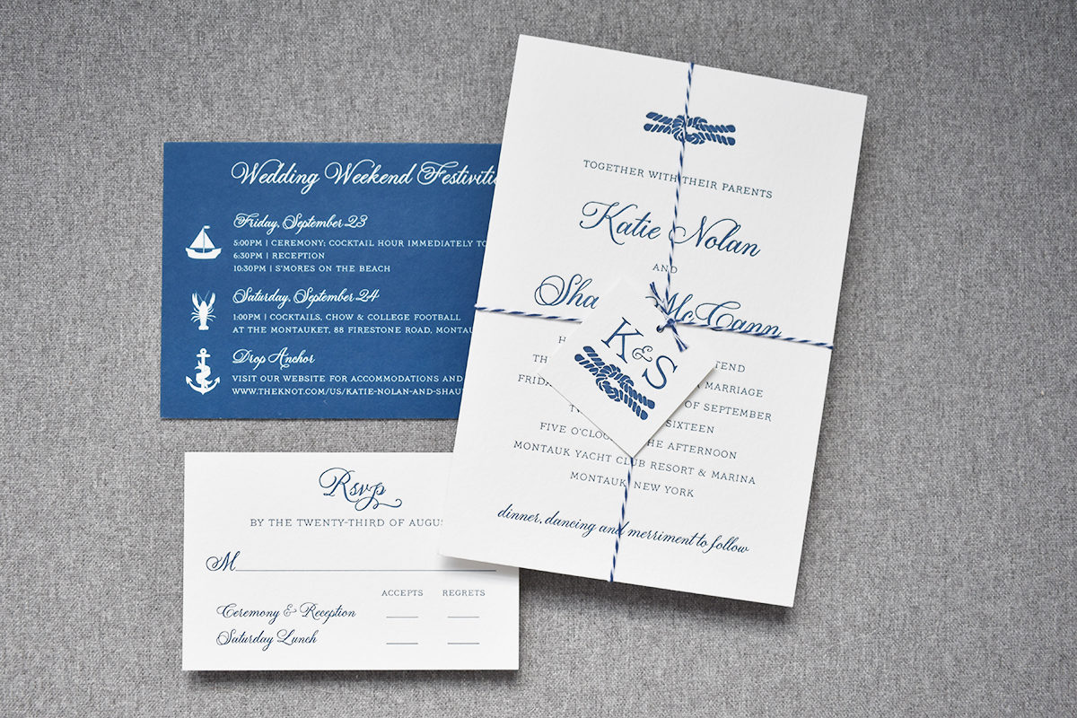 Nautical Knot Wedding Invitation, Navy Letterpress with Twine Detail, Whimsical Nautical Motifs - Sailboat, Lobster, Anchor
