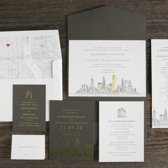 Rockefeller New York Skyline Invitation, Letterpress and foil with map detail, gray pocket