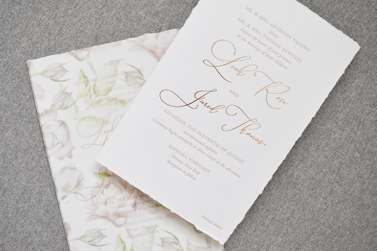 Rose Gold Watercolor Floral Invitation, Rose gold foil accents, blush green and white color palette, floral pattern on vellum overlay, torn edge textured paper
