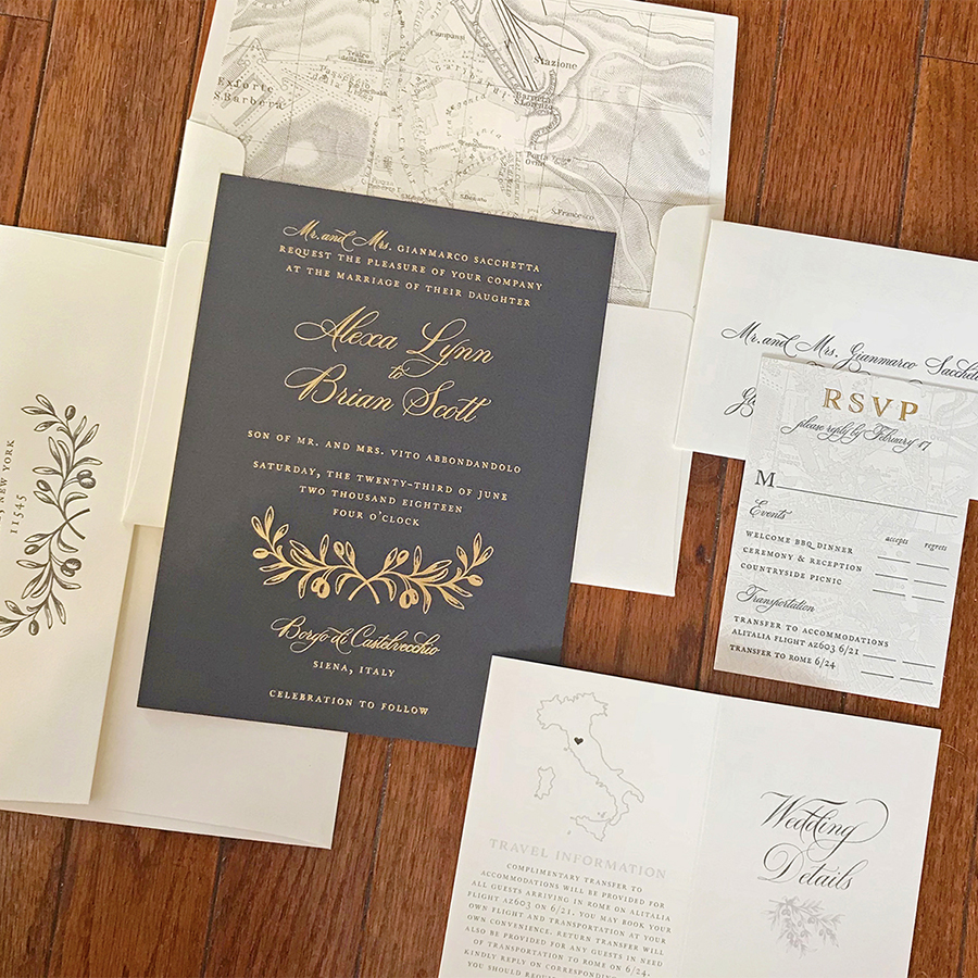Rustic Italian Destination Wedding Invitation, Gray paper with gold foil details, olive branch motif and traditional typesetting, vintage map of Siena envelope liner