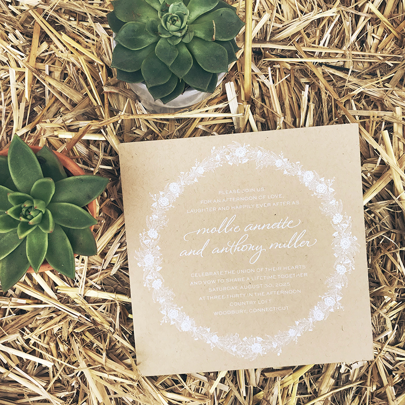 Rustic Kraft Paper Wedding Invitation, kraft paper with white foil, floral wreath