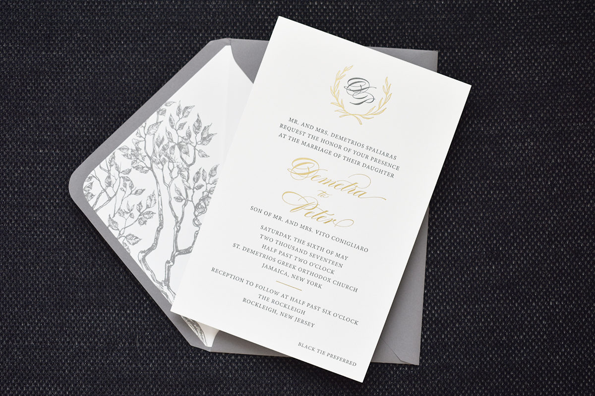 Rustic Laurel Invitation with custom tree branch illustrated envelope liner, gray and gold color palette, traditional typesetting
